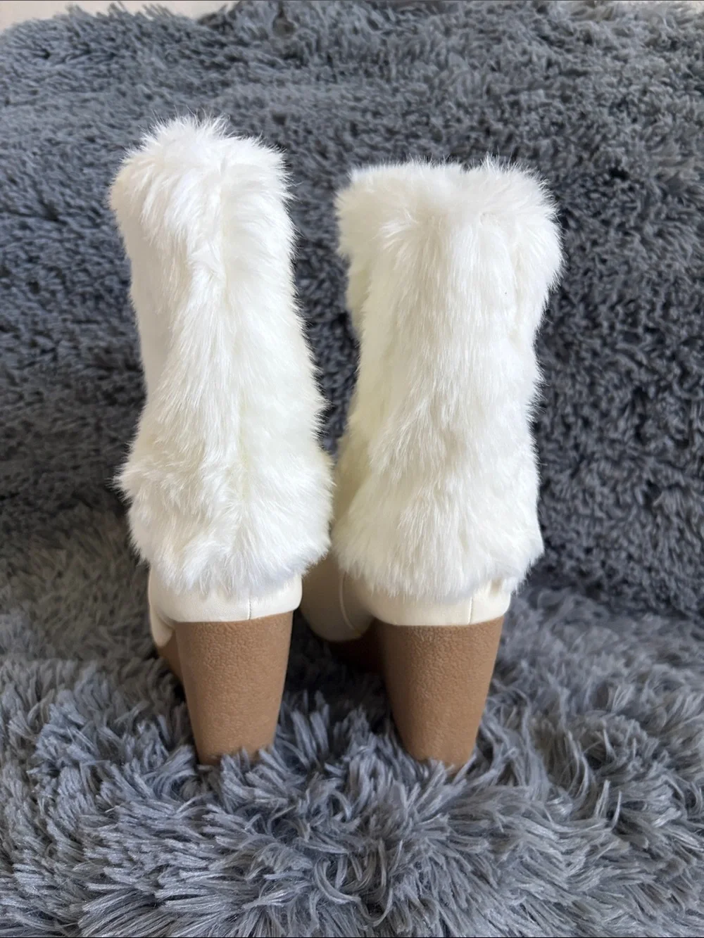 Jennifer Lopez White Faux Fur Wedge Boots with Tan Wedge